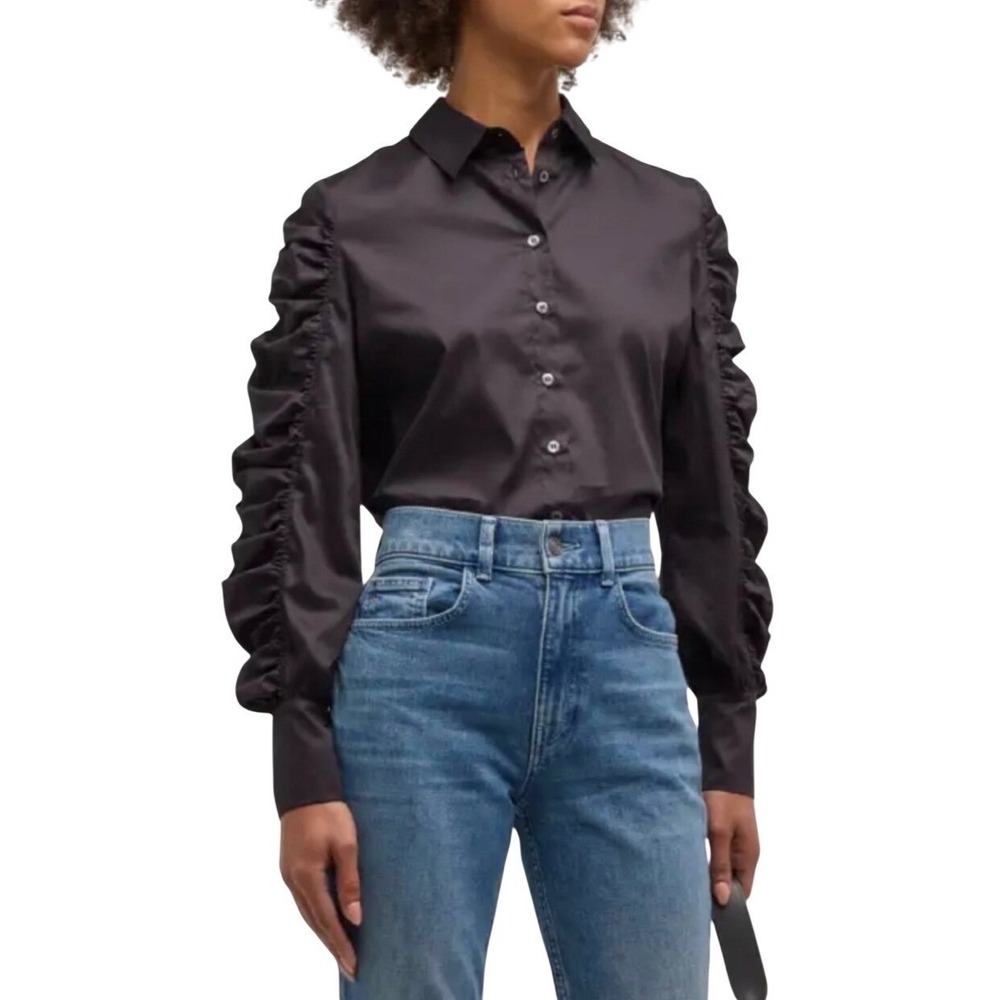 $219 NWT Harshman Juliana XS Blk Ruched Sleeve Button Down Poplin Shirt‎ New Lux